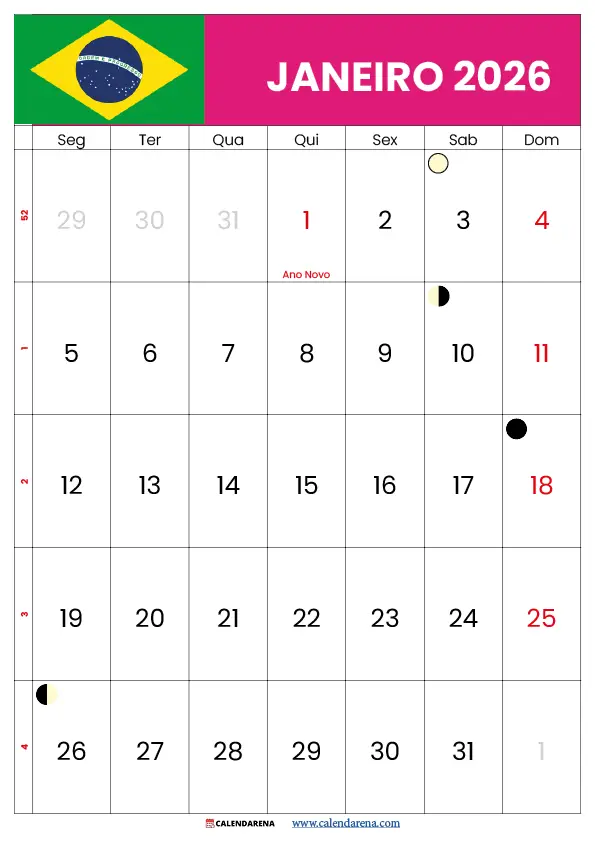 Calendário Janeiro 2026 Com Feriados Brasil