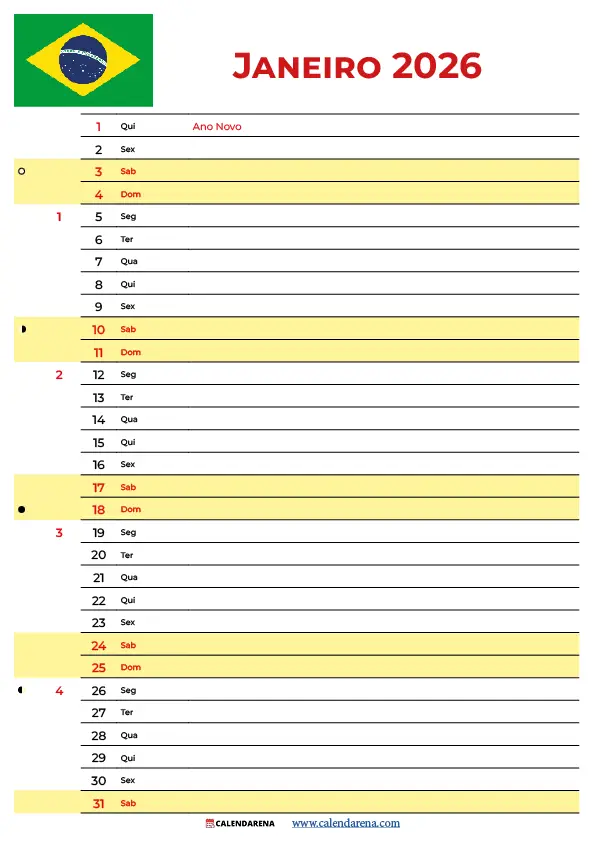 Calendario Janeiro 2026 Imprimir Brasil