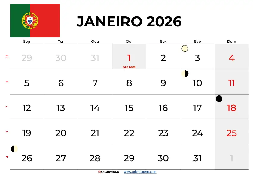 Calendário Janeiro 2026 Portugal
