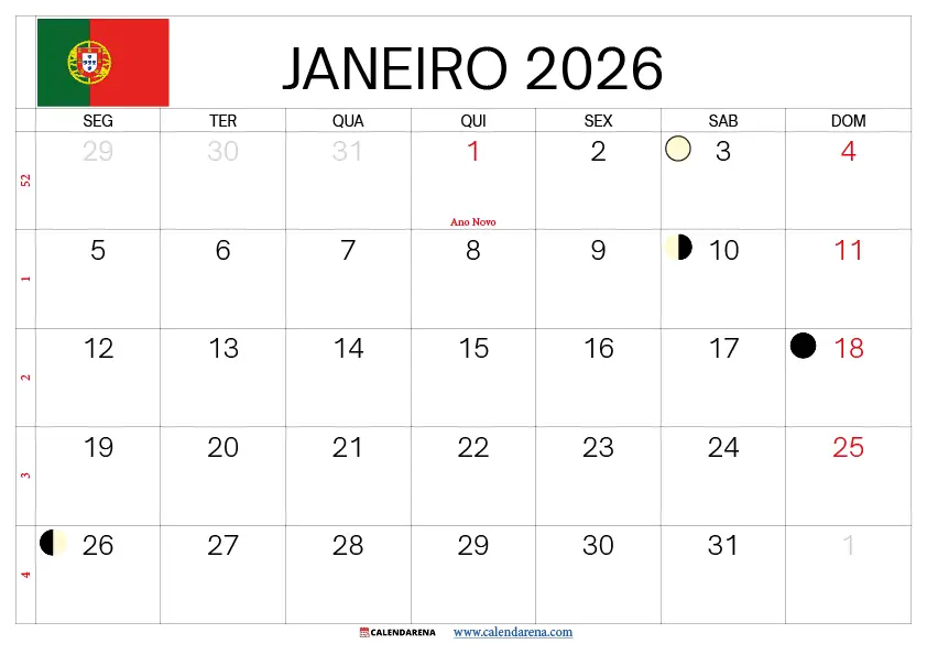 Calendario Janeiro 2026 Portugal