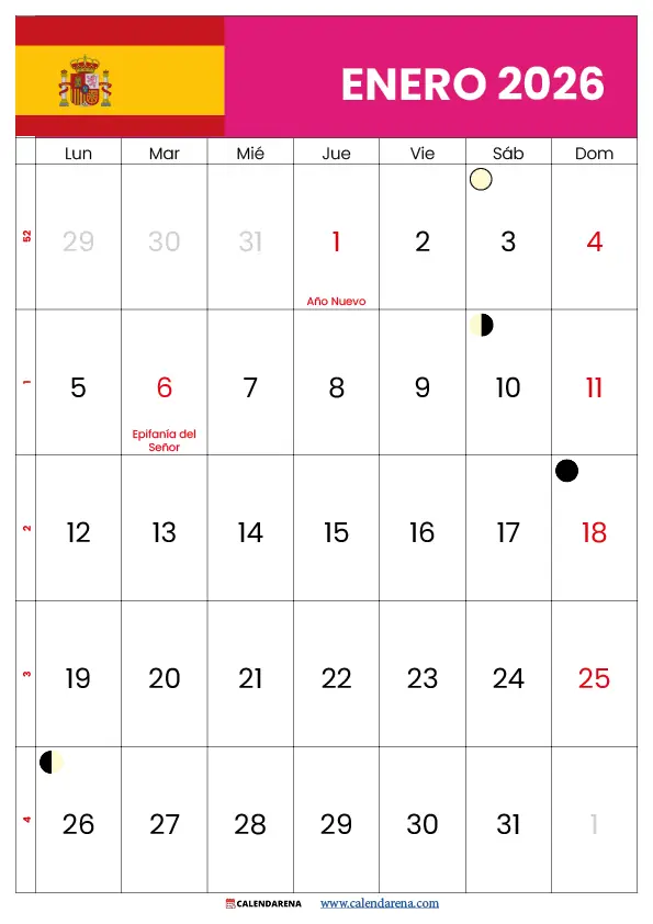 Calendario Lunar Enero 2026 España