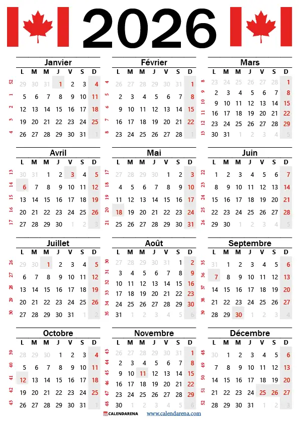 Calendrier 2026 À Imprimer Gratuit Format A4 Québec