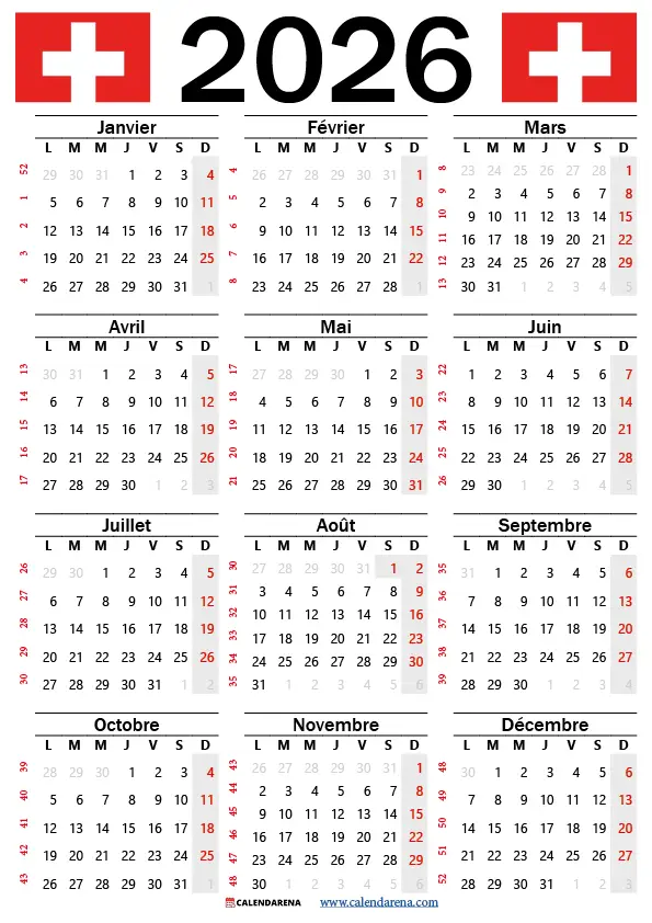 Calendrier 2026 À Imprimer Gratuit Format A4 Suisse