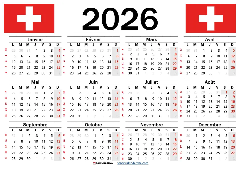 Calendrier 2026 Avec Jours Fériés Suisse