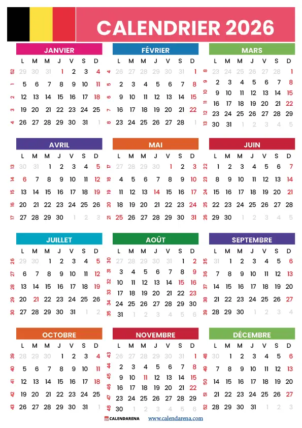 Calendrier 2026 Belgique
