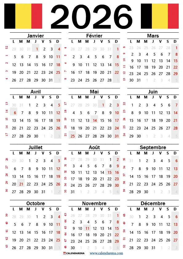 Calendrier 2026 Gratuit Belgique