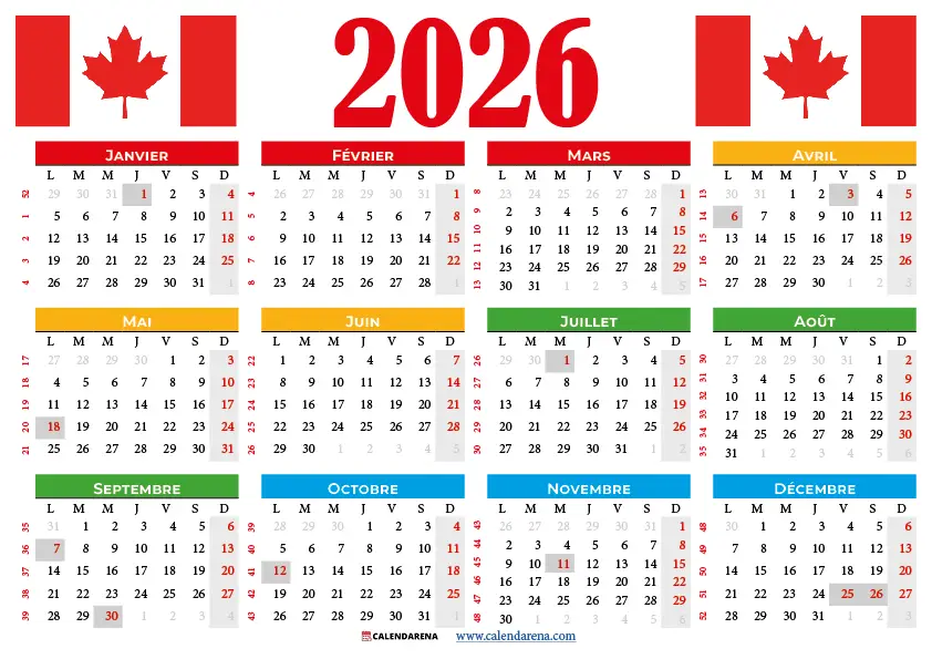Calendrier 2026 Québec À Imprimer
