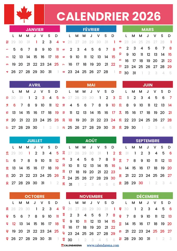 Calendrier 2026 Québec Avec Jours Fériés