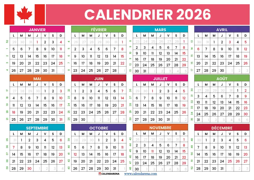 Calendrier 2026 Québec