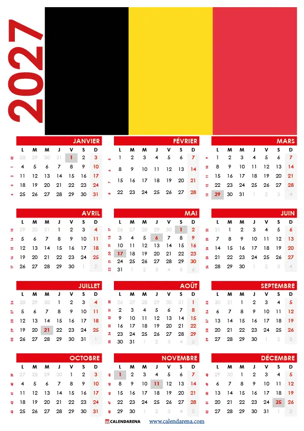 Calendrier 2026 Imprimer Belgique Gratuit PDF A4