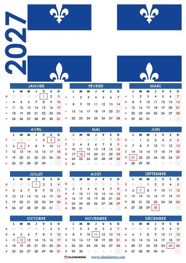 Calendrier 2027 Québec