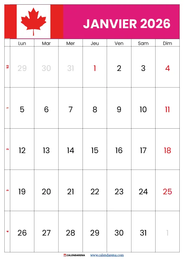 Calendrier À Imprimer Janvier 2026 Quebec