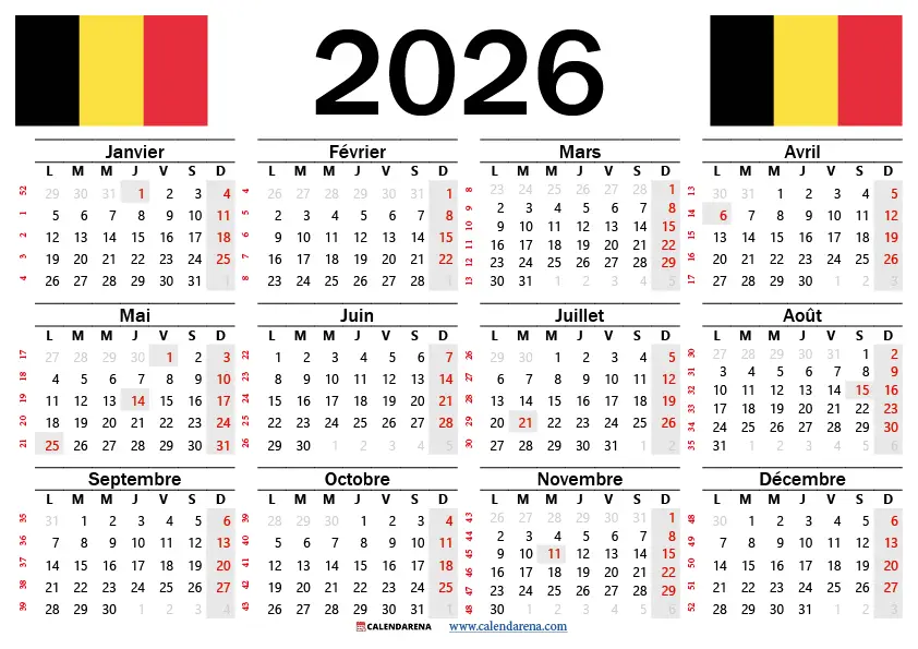 Calendrier Belgique 2026