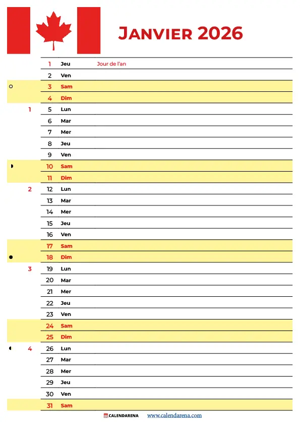 Calendrier Janvier 2026 À Imprimer Gratuit Quebec