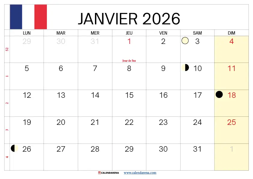 Calendrier Janvier 2026 À Imprimer Gratuit