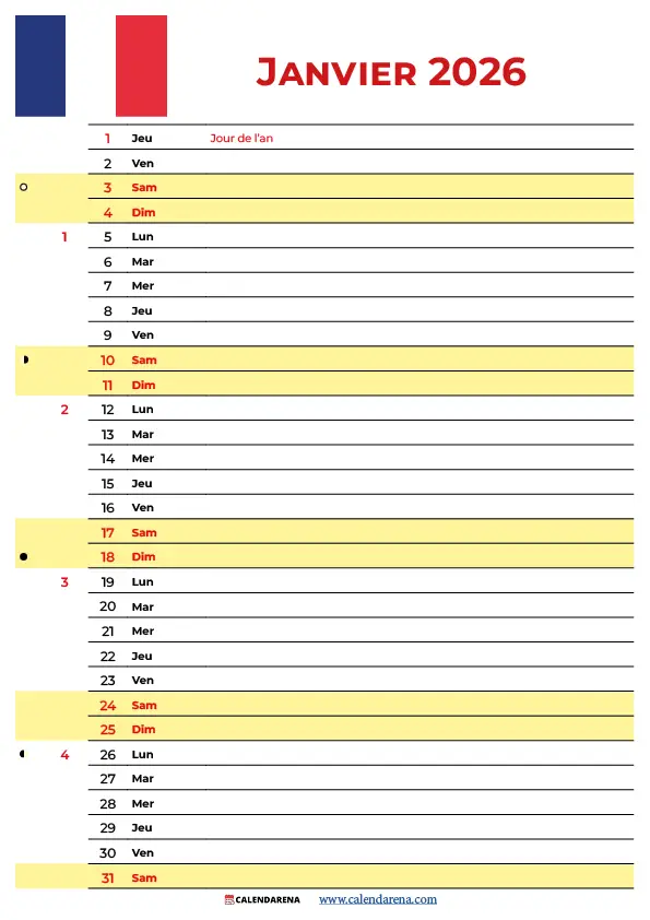 Calendrier Janvier 2026 À Imprimer Pdf