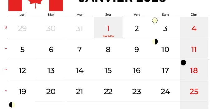 Calendrier Janvier 2026 À Imprimer Quebec