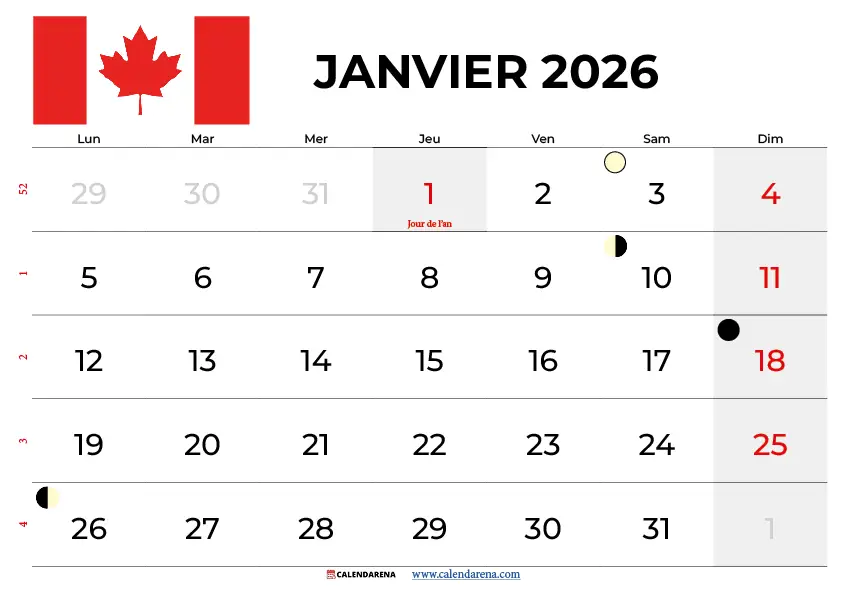 Calendrier Janvier 2026 À Imprimer Quebec