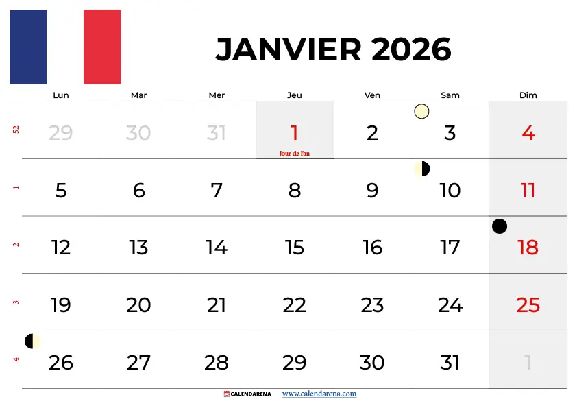 Calendrier Janvier 2026 À Imprimer