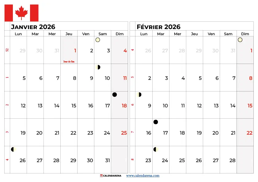 Calendrier Janvier Février 2026 À Imprimer Quebec