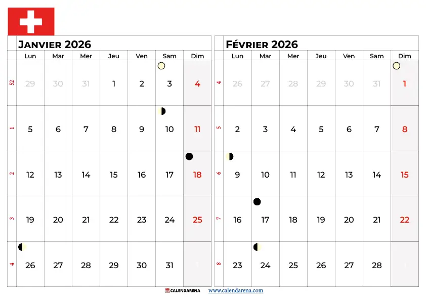 Calendrier Janvier Fevrier 2026 Suisse