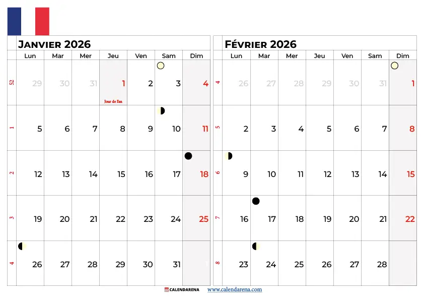Calendrier Janvier Février 2026