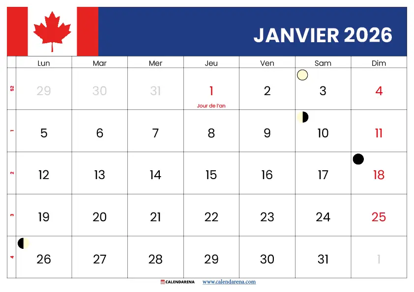 Calendrier Mois De Janvier 2026 Quebec