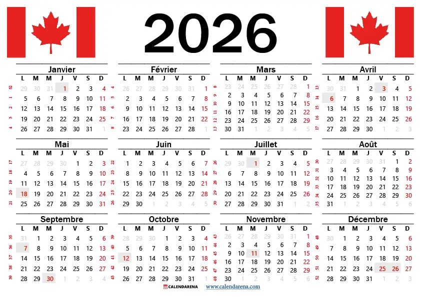 Calendrier Québec 2026
