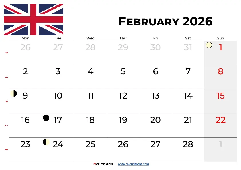 February 2026 Calendar Uk