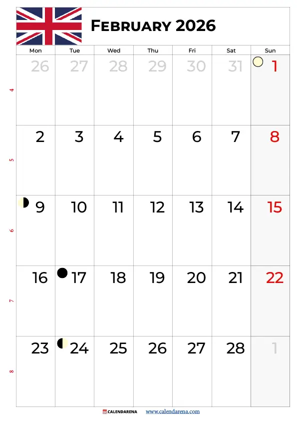 February Calendar 2026 Printable Uk