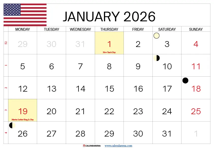 Jan 2026 Calendar Monday start