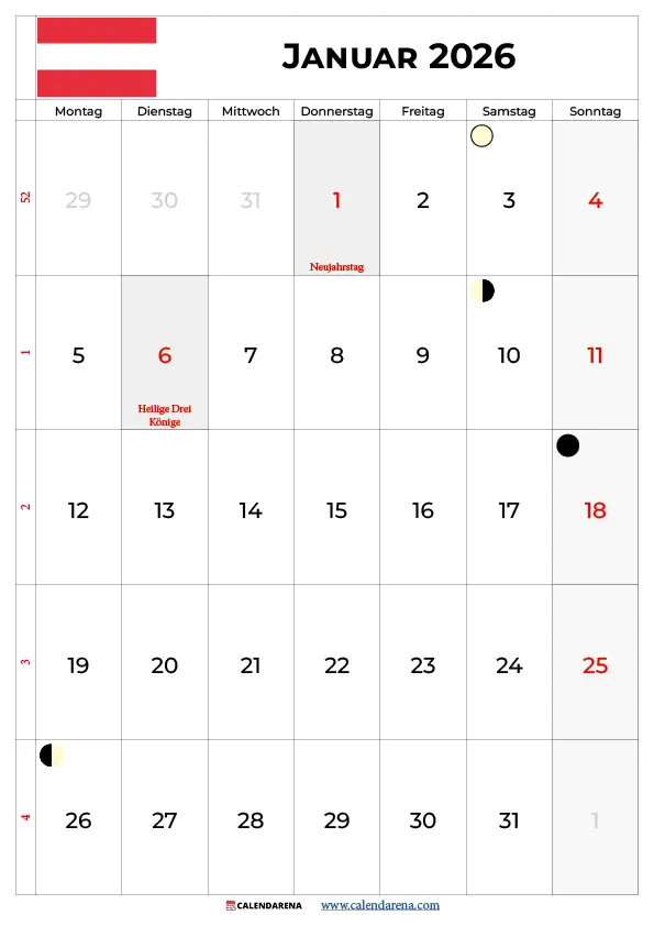 Januar Kalender 2026 Österreich