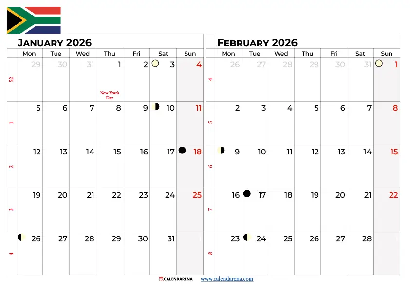 January 2026 And February 2026 Calendar South Africa