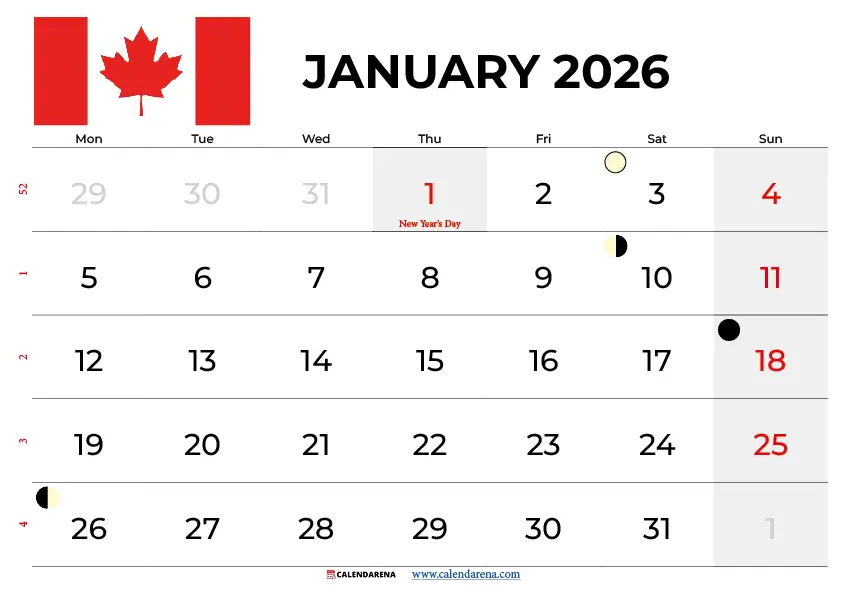 January 2026 Calendar Canada