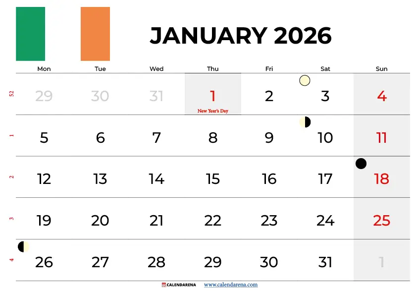 January 2026 Calendar Ireland