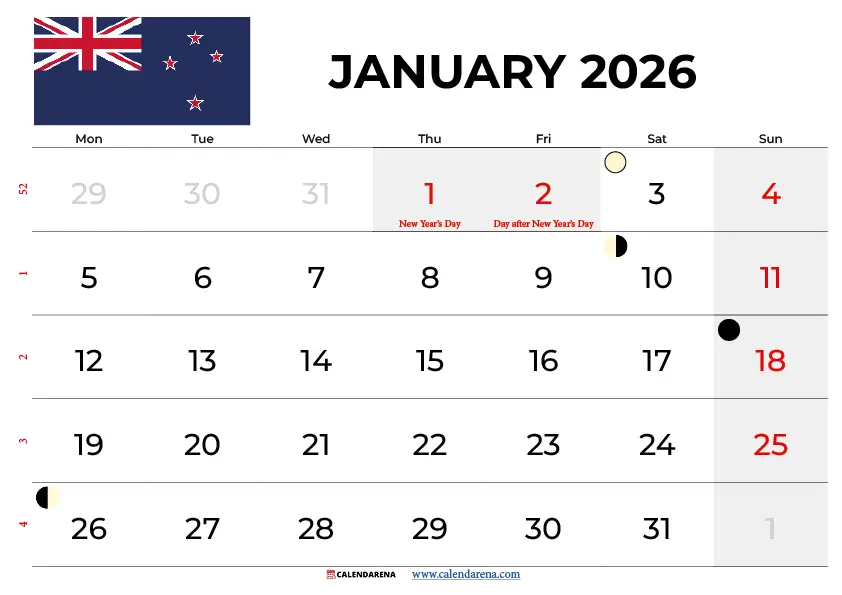 January 2026 Calendar Nz Printable