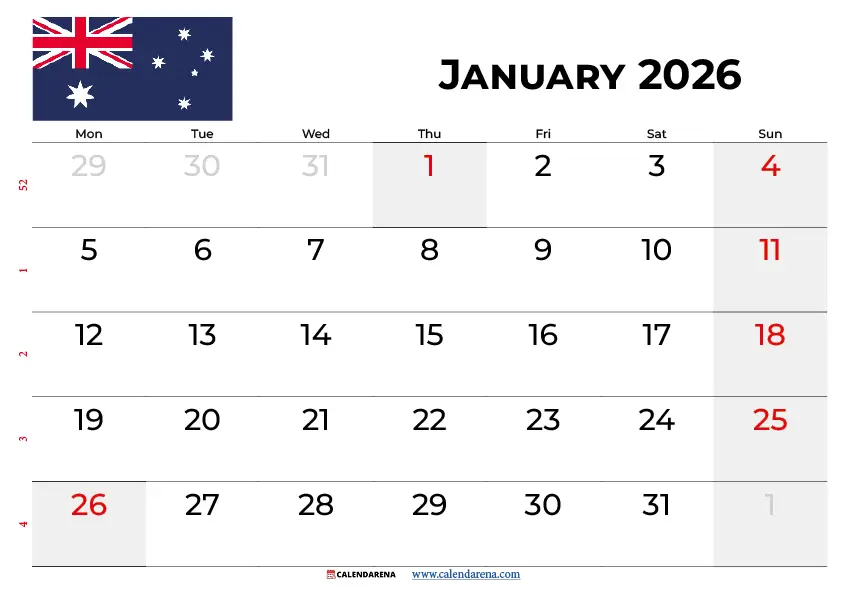 January 2026 Calendar Printable Australia