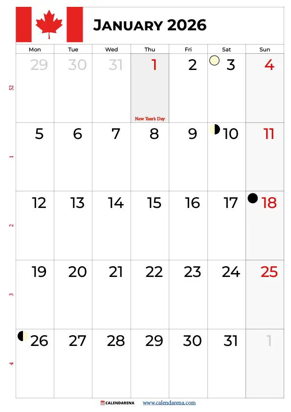 January 2026 Calendar Printable Canada
