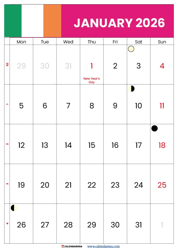 January 2026 Calendar Printable Ireland