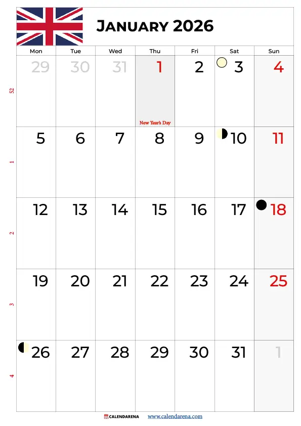 January 2026 Calendar Printable Uk