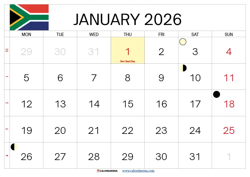 January 2026 Calendar South Africa