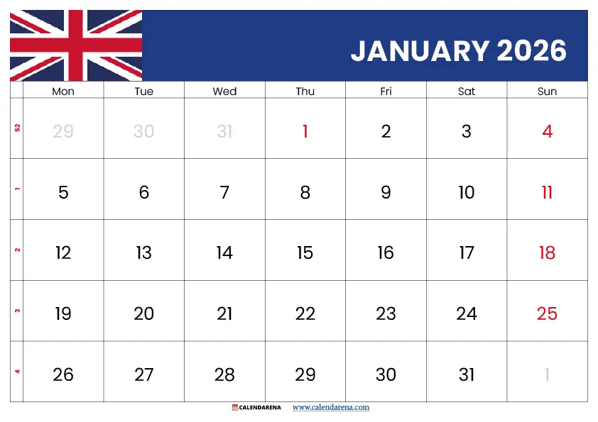 January 2026 Calendar Uk