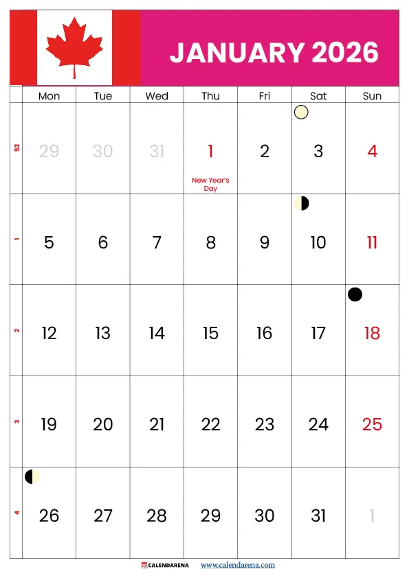 January 2026 Calendar With Holidays Canada Printable