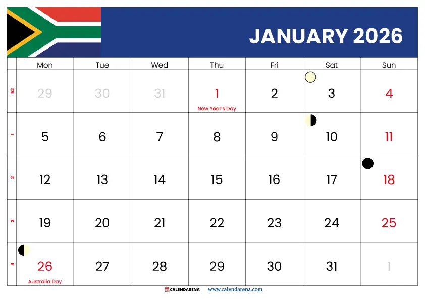 January 2026 Calendar With Holidays South Africa Printable