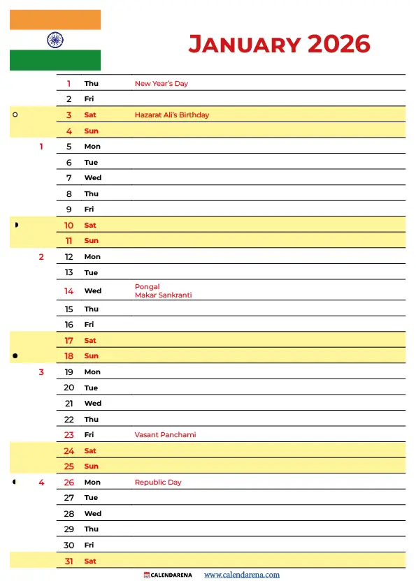 January 2026 Calendar With Indian Holidays Printable