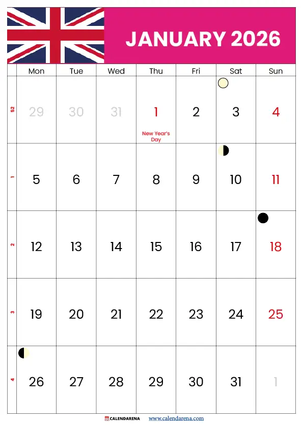 January 2026 Printable Calendar Uk