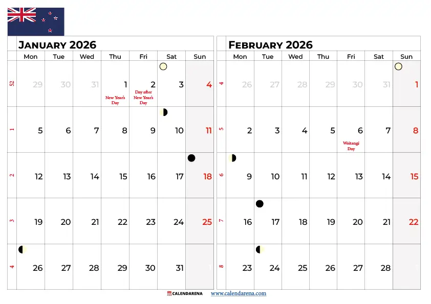 January And February 2026 Calendar Nz