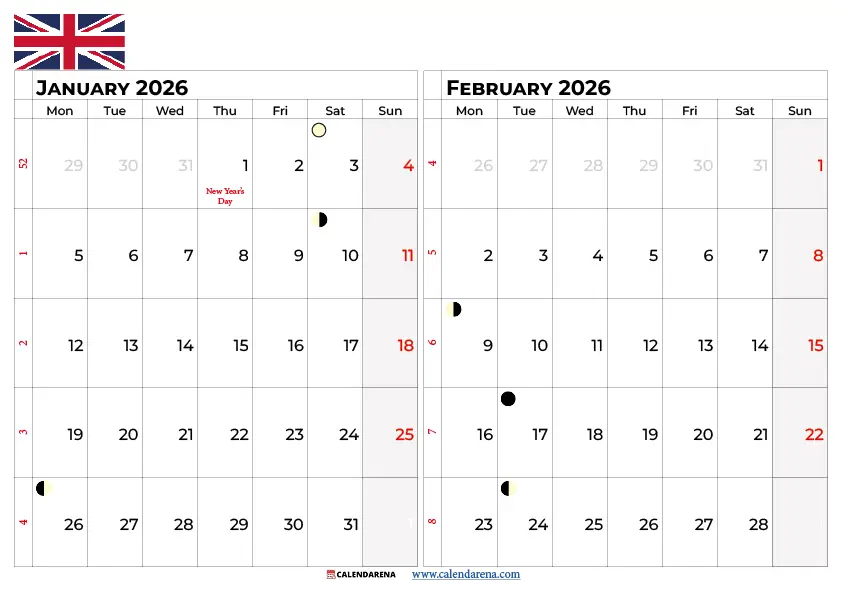 January And February 2026 Calendar Uk