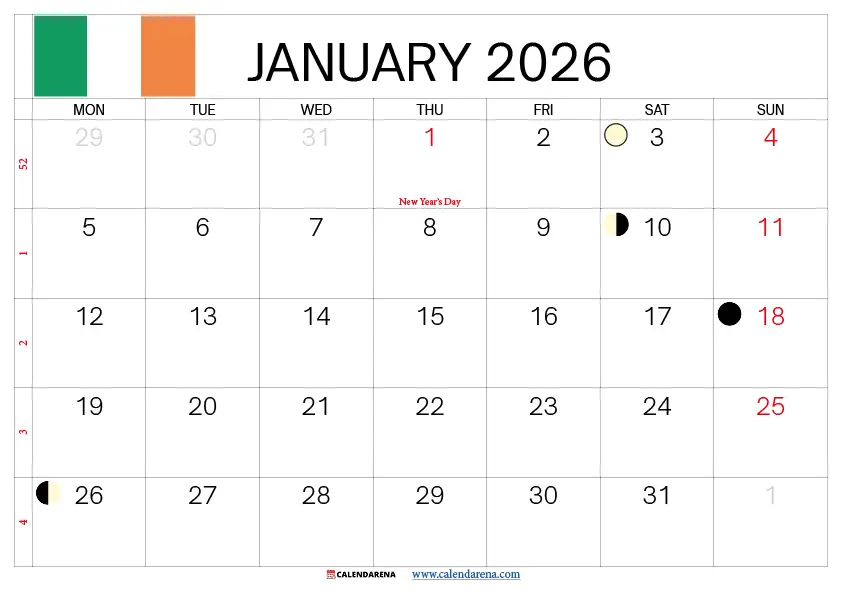January Calendar 2026 Ireland