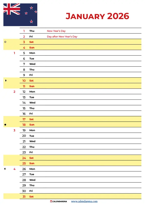 January Calendar 2026 Nz